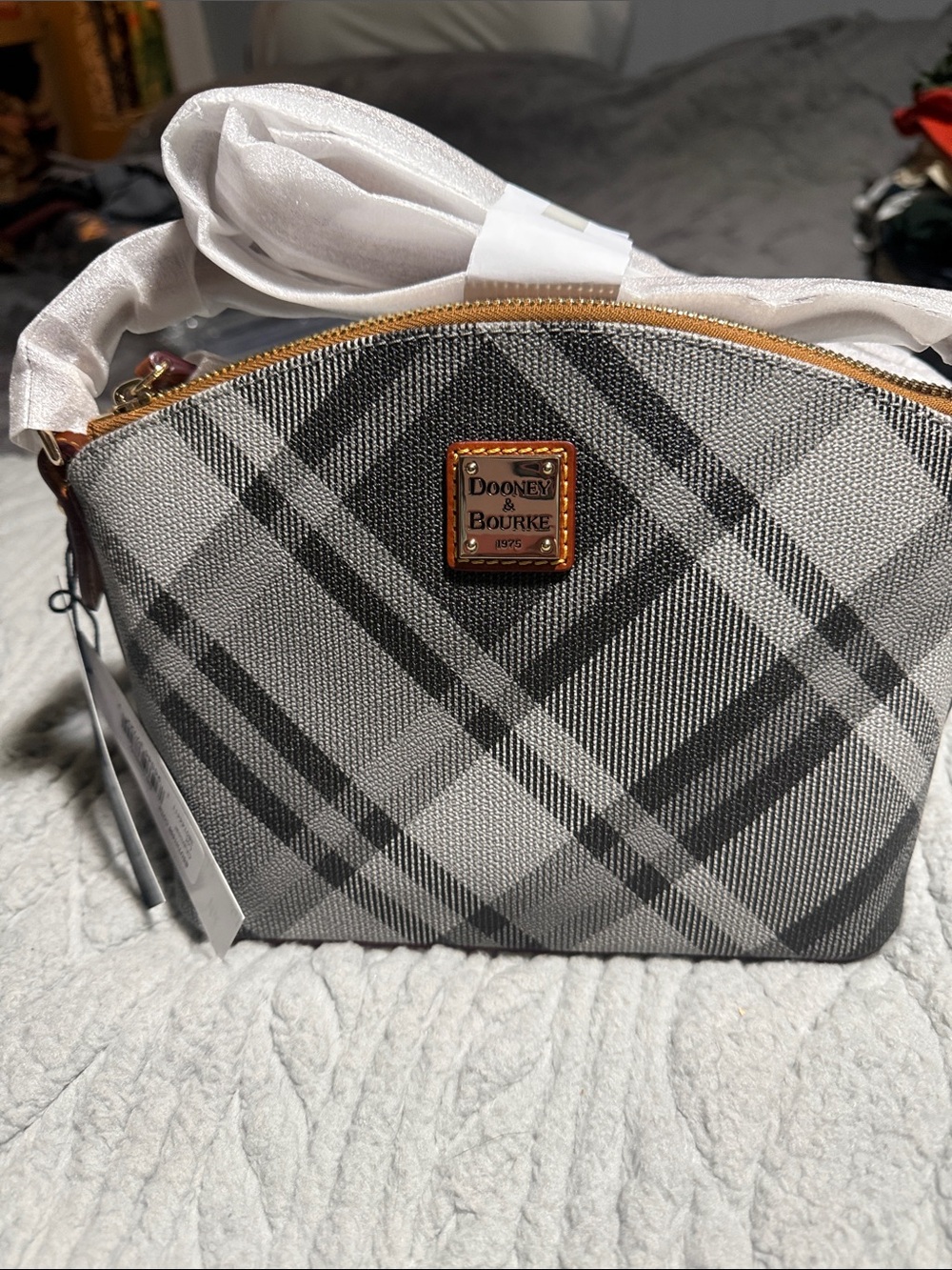 NWT Dooney & Bourke Black and Gray Plaid Dome Crossbody